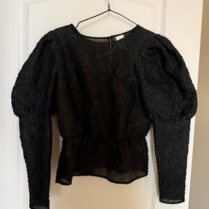 H&M Black Textured Blouse with Puff Sleeves